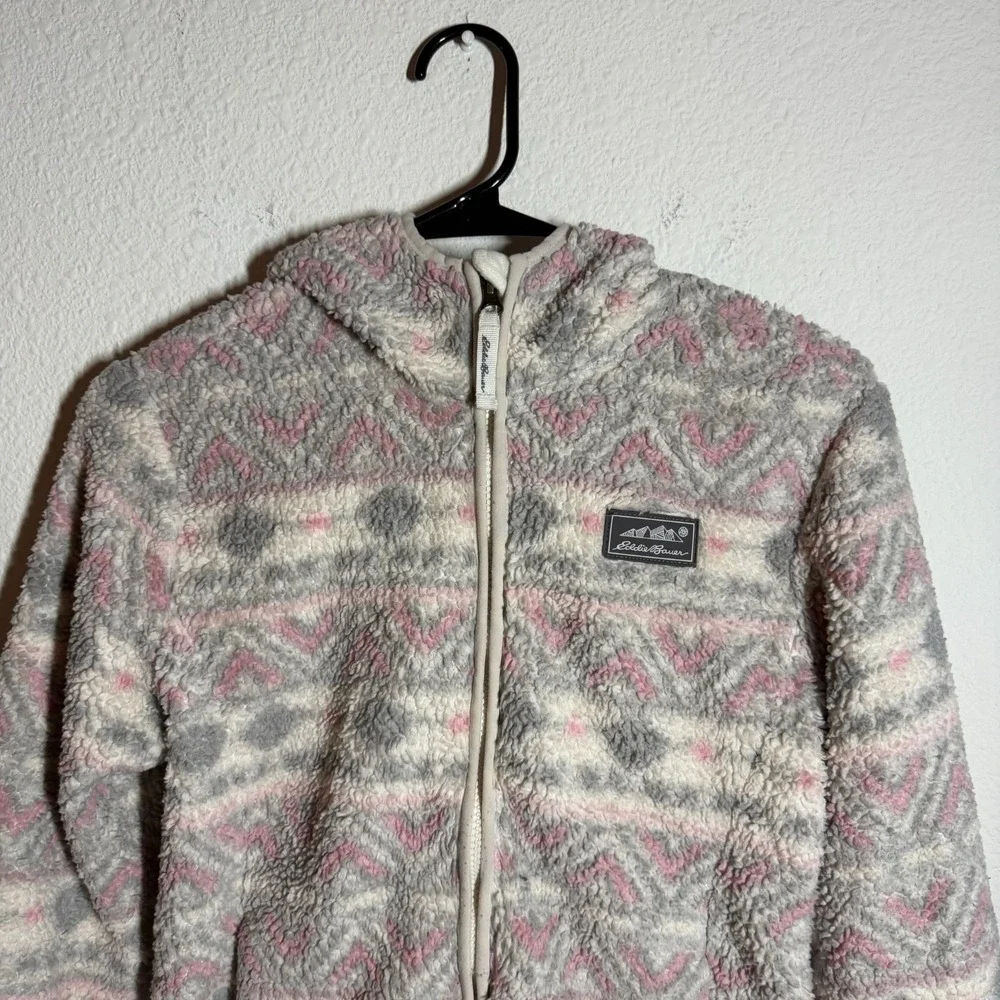Eddie‎ Bauer Jacket Girls M(10-12) Gray Aztec Sherpa Fleece Hooded Logo Full Zip